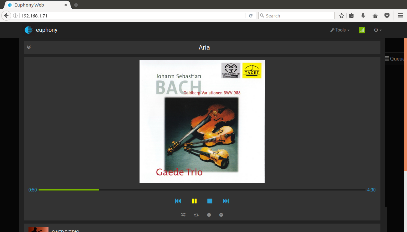 [Euphony Audio Transport user interface screenshot showing album artwork]