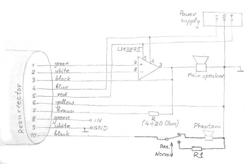 [Resurrector circuit diagram showing external connections to an LM3875 chip]