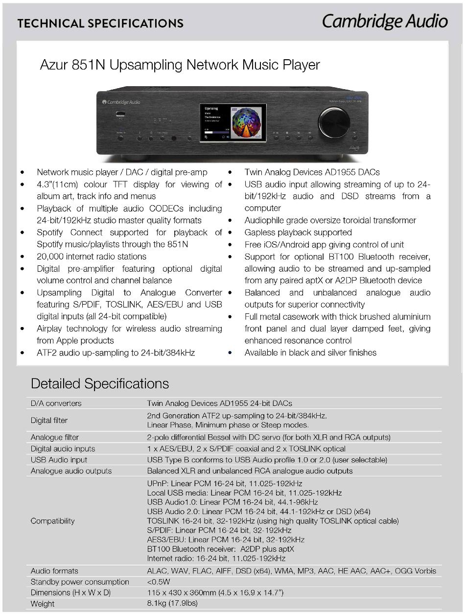 [Cambridge Audio 851N tech specs]