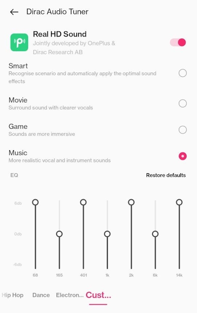 [Dirac Audio Tuner on OnePlus smartphone]