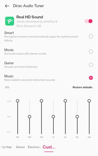 [Dirac Audio Tuner on OnePlus smartphone]