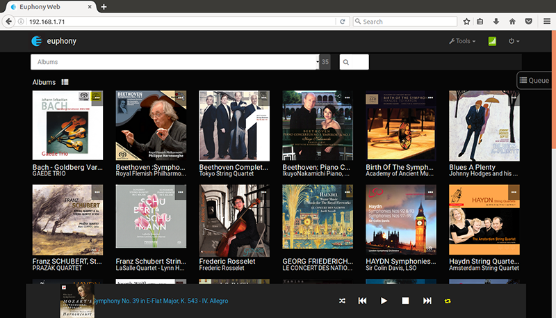 [Euphony Audio Transport user interface screenshot showing albums]